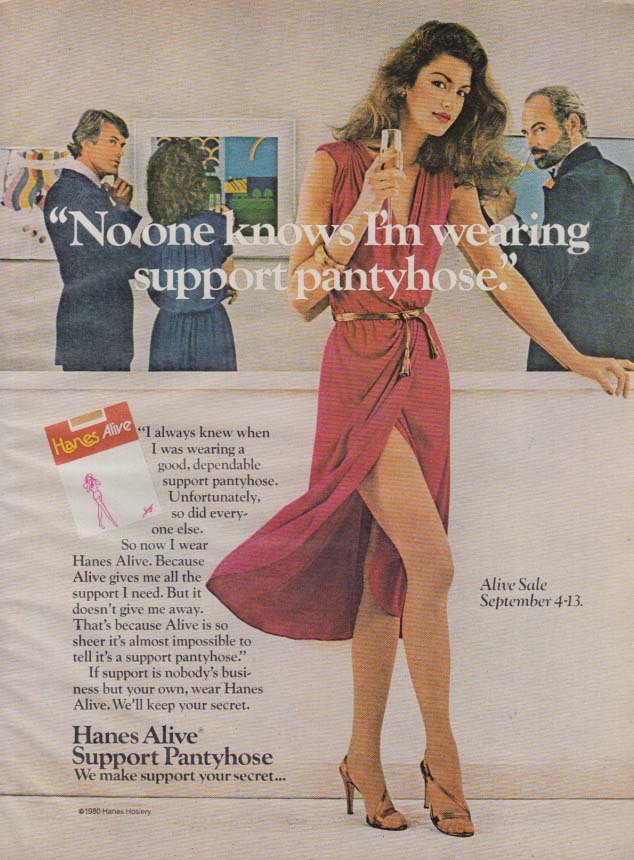 No One Knows Im Not Wearing Support Pantyhose Hanes Alive Ad 1980