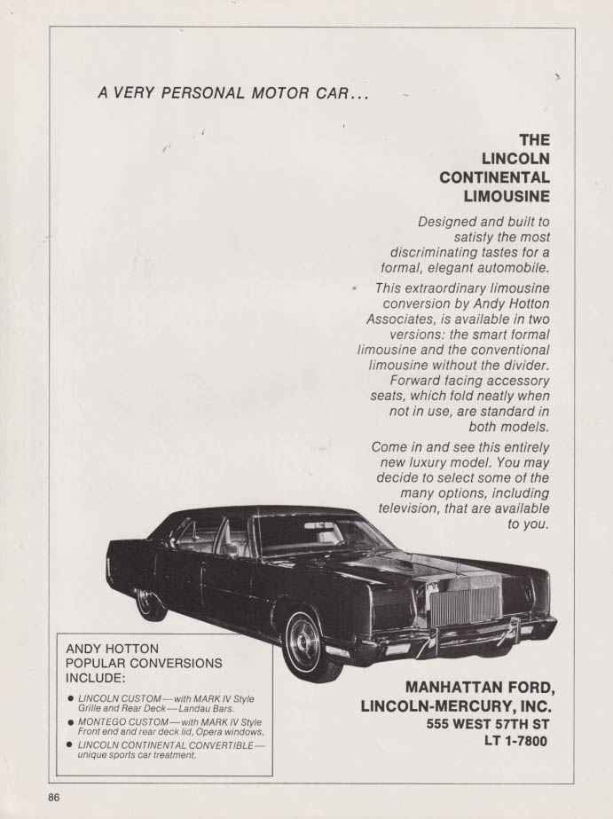 The Lincoln Continental Limousine Conversion By Andy Hotton Ad 1973