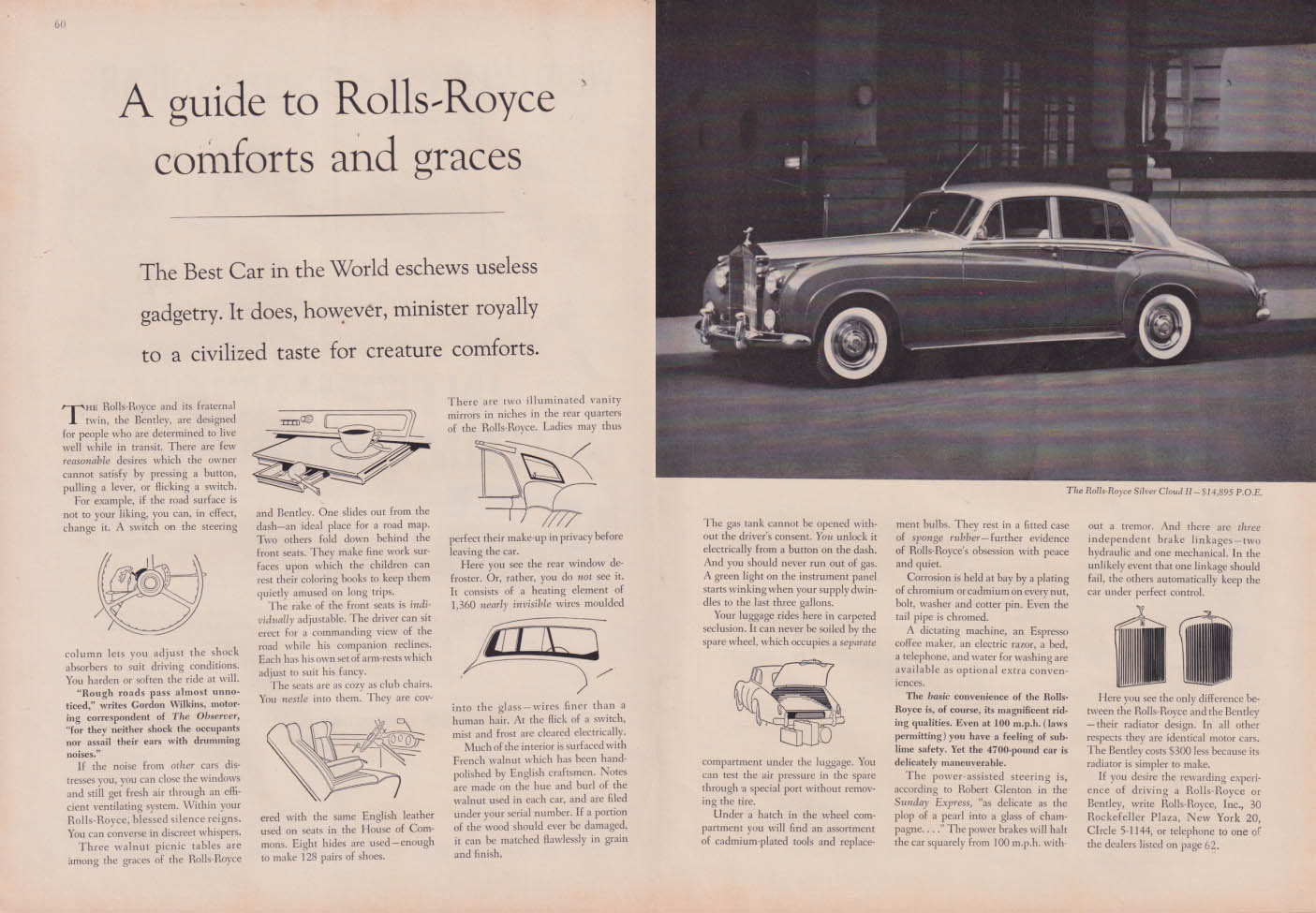 A guide to Rolls-Royce Silver Cloud II comforts & graces ad 1960 NY