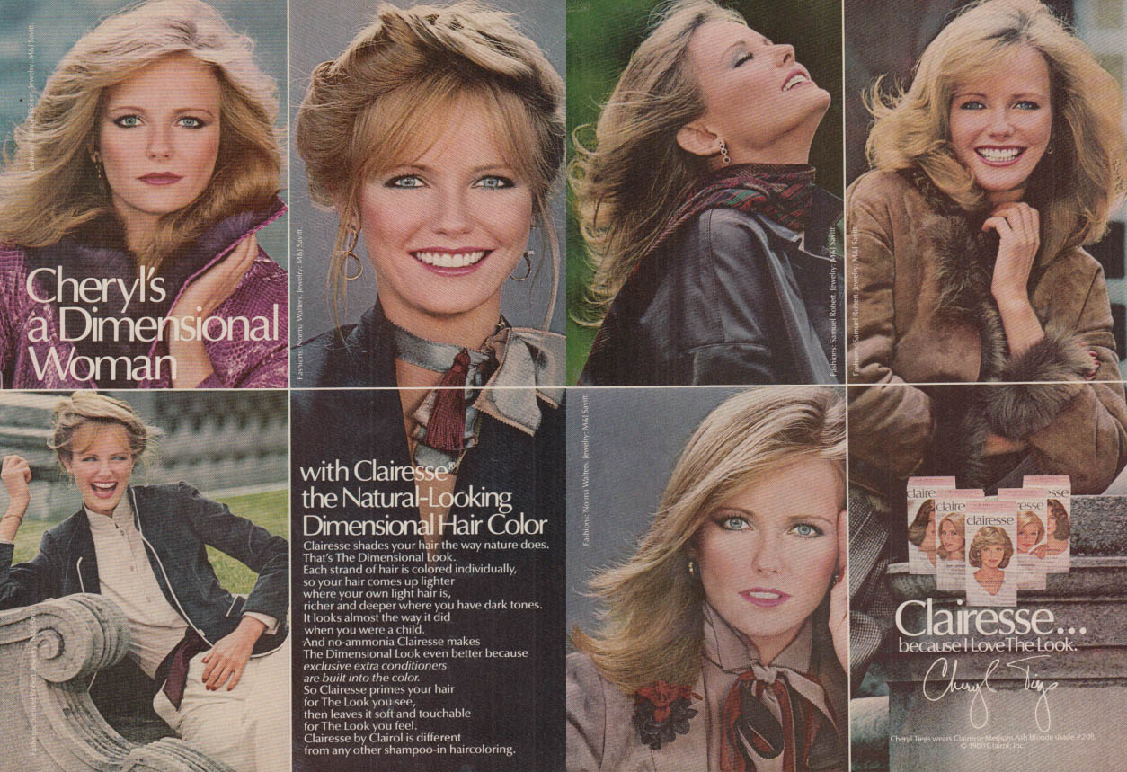 Cheryl Tiegs for Clarisse Natural-Looking Dimensional Hair Color ad 1980 Cos