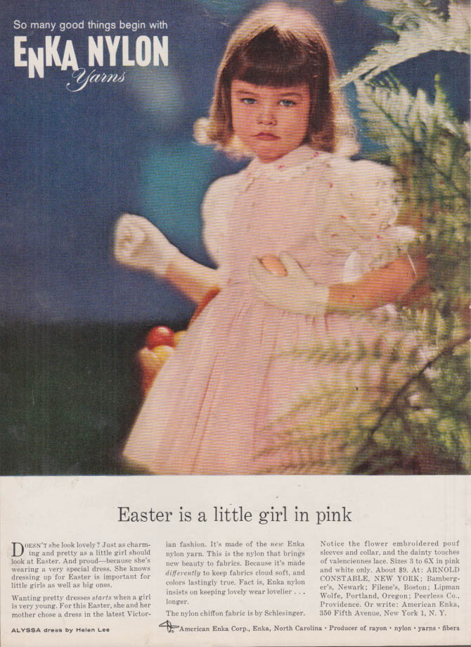 Easter is a little girl in pink Enka Nylon Alyssa helen Lee dress ad 1960 NY