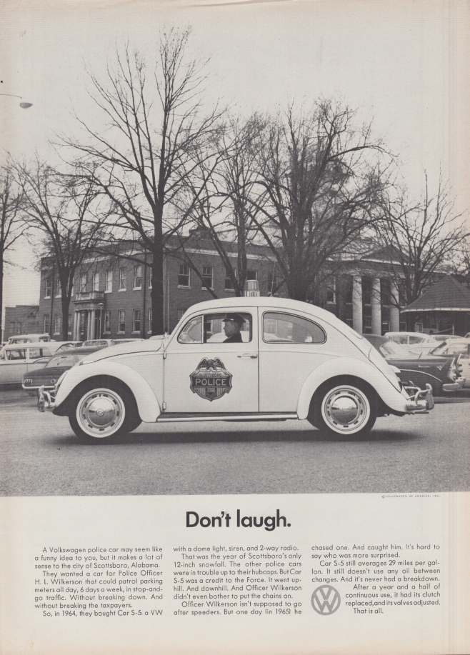 Don't laugh. Scottsboro Alabama Volkswagen Police Car ad 1966 NY