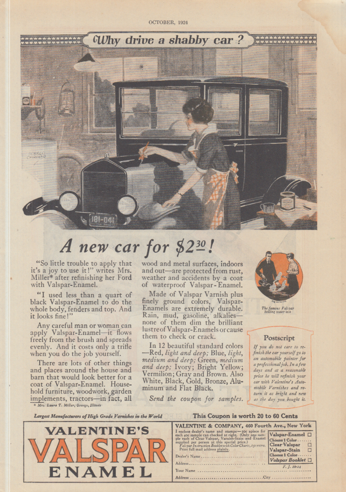 A new car for 2.30! Valentine's Valspar Enamel for Ford Model T ad 1924