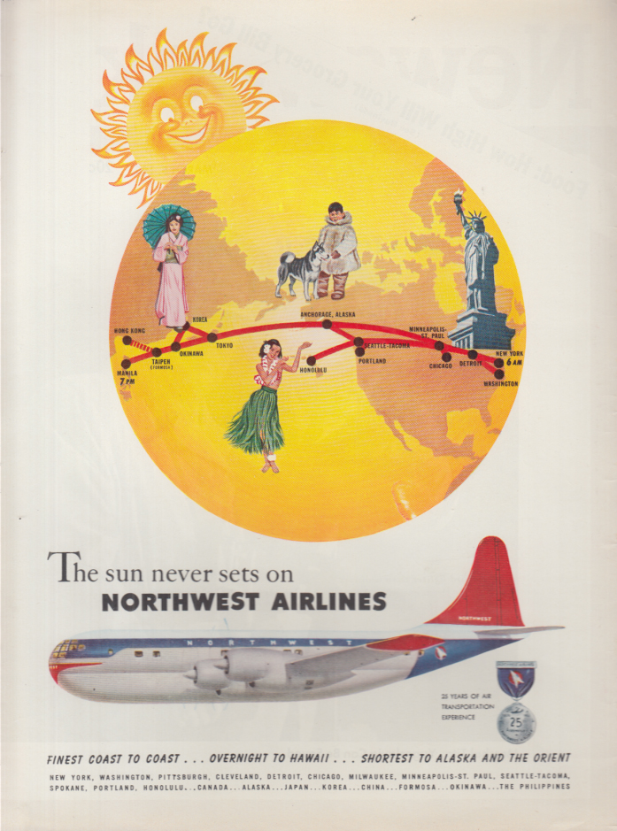 The Sun Never Sets On Northwest Airlines Boeing Stratocruiser Ad 1951 Var