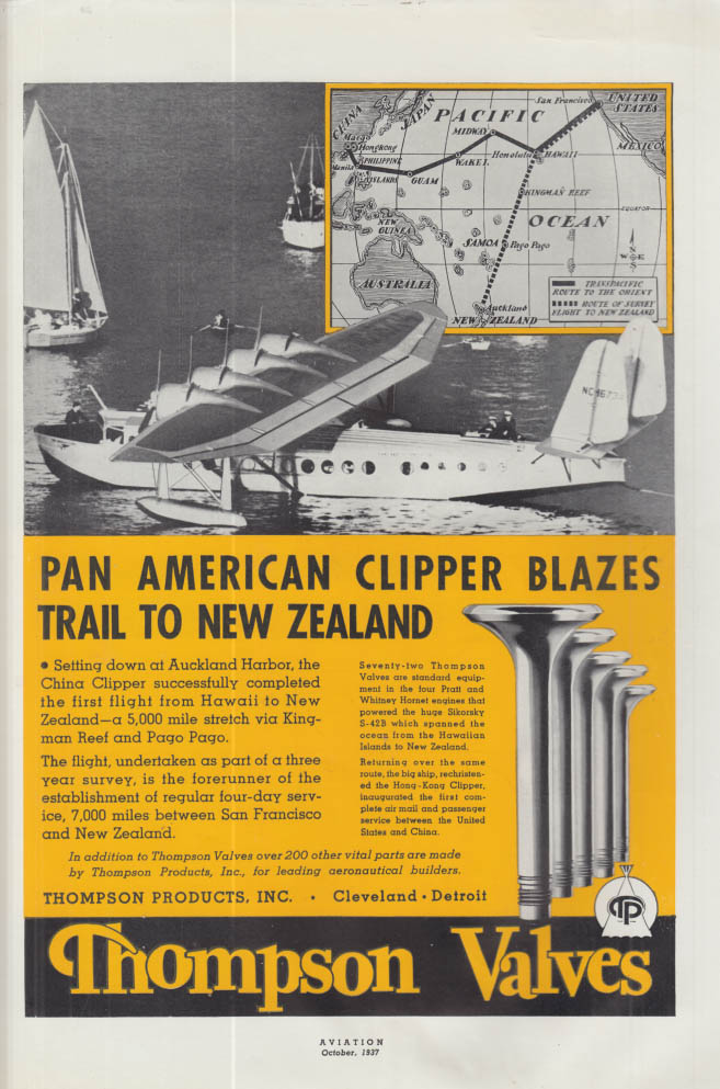 Pan American Sikorsky S-42b Clipper To New Zealand: Thompson Valves Ad 1937