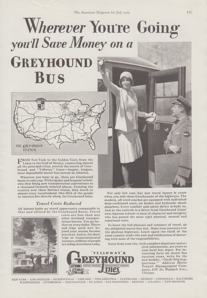 Wherever you're going save money on a Greyhound Bus ad 1929