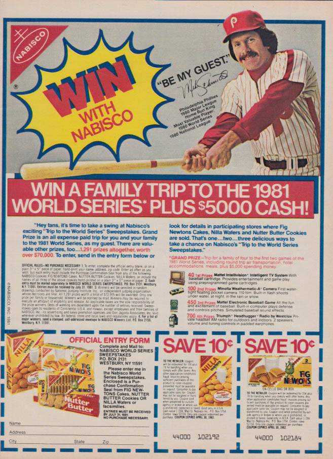 Philadelphia Phillies Mike Schmidt For Nabisco World Series Contest Ad 1981