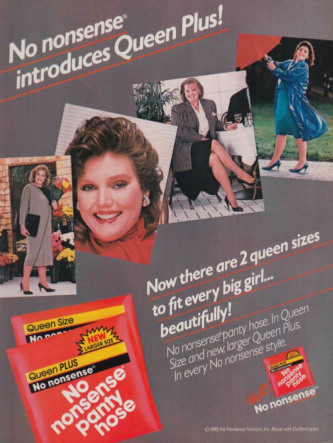 No nonsense introduces Quoeen Plus! Pantyhose ad 1985