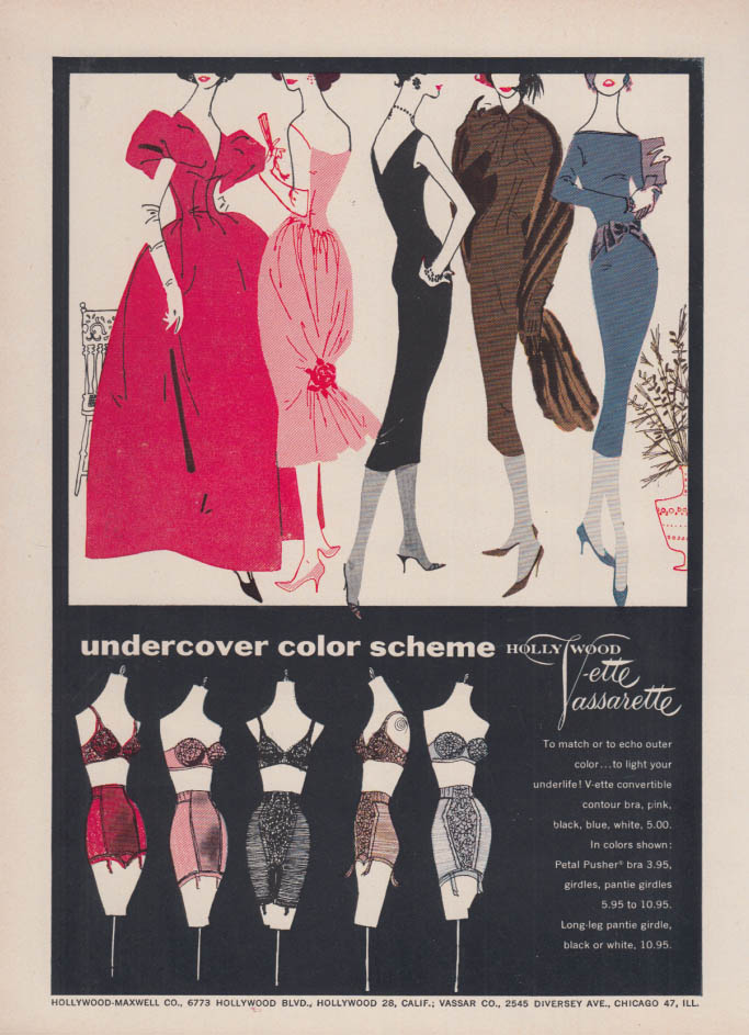 1959 women's Hollywood V-ette Vassarette brown blue pink girdle bra vintage  ad