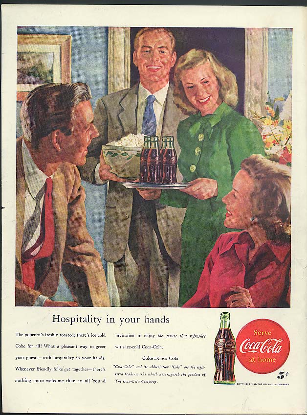 Hospitality In Your Hands Coca-cola Ad 1947 Sundblom Popcorn