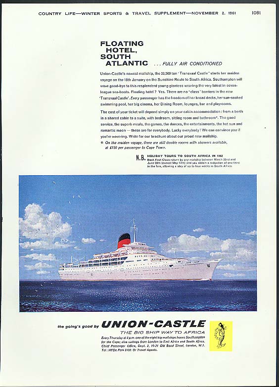 Floating Hotel South Atlantic Rms Transvaal Castle Union-castle Ad 1961