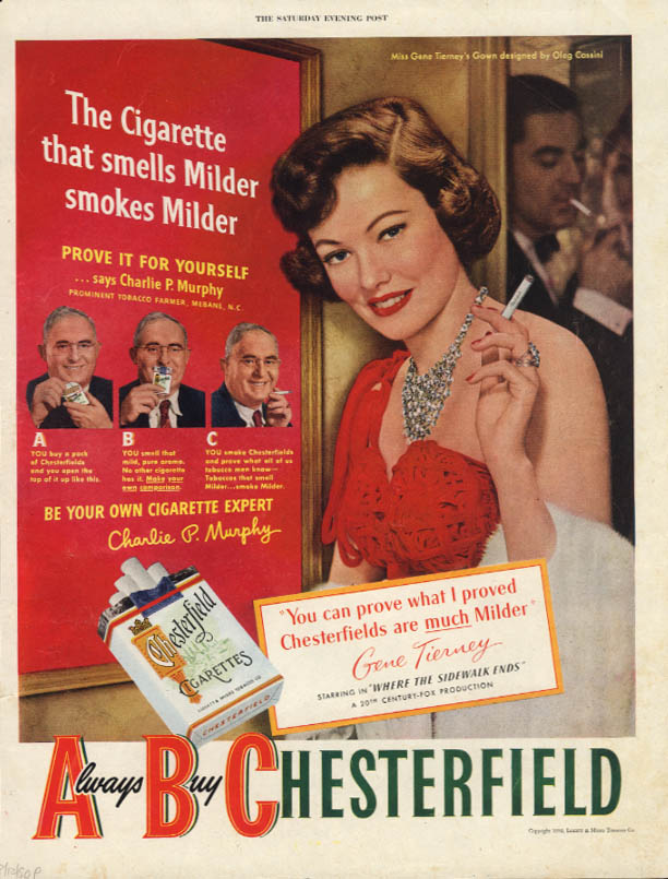 Actress Gene Tierney For Chesterfield Cigarettes Ad 1950 Sep