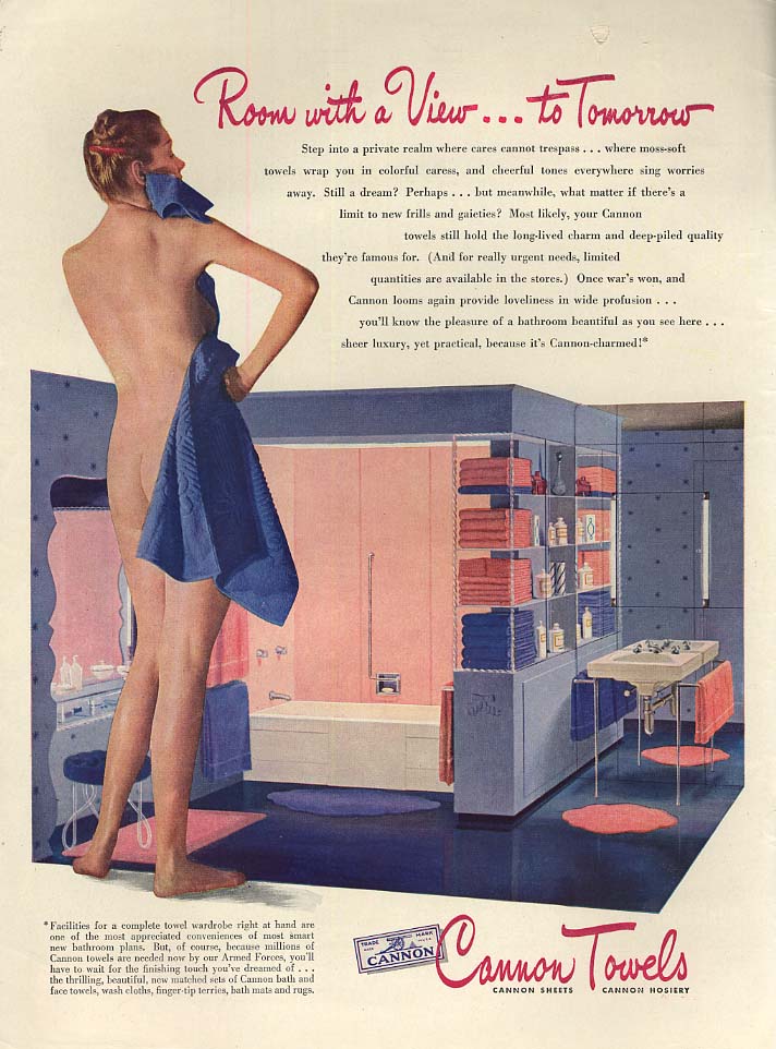 Shower of flowers Cannon Towels ad 1945 blonde shower nude L