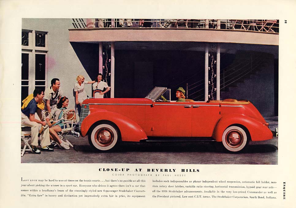 Close-Up at Beverly Hills - Studebaker Convertible Sedan ad 1938 ESQ