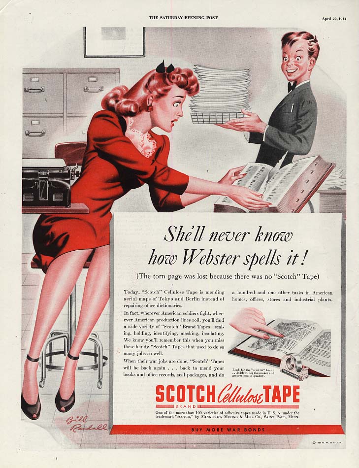 Shell Never Know How Webster Spells It Scotch Tape Ad 1944 Bill Randall Pin Up