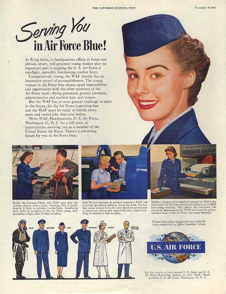 Serving You In Air Force Blue! Waf Recruiting Ad 1951 Sep