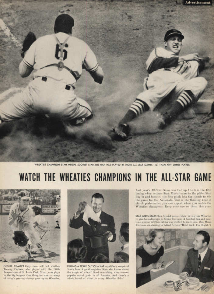 watch the Wheaties Champions in the All-Star Game Stan Musial ad 1956 L