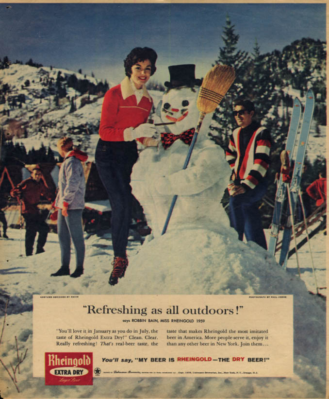 Miss Rheingold Beer Robbin Bain Ad 1959 Skiing And A Snowman