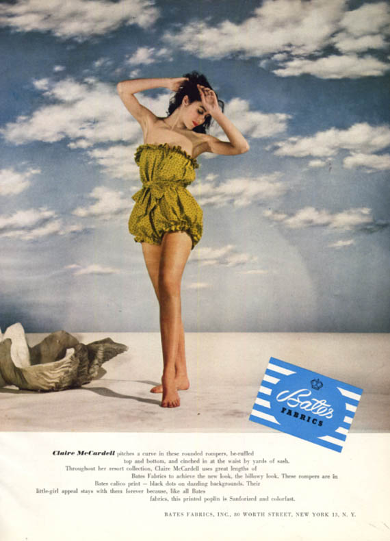 Claire McCardell pitches a curve in a swimsuit Bates Fabrics ad 1946