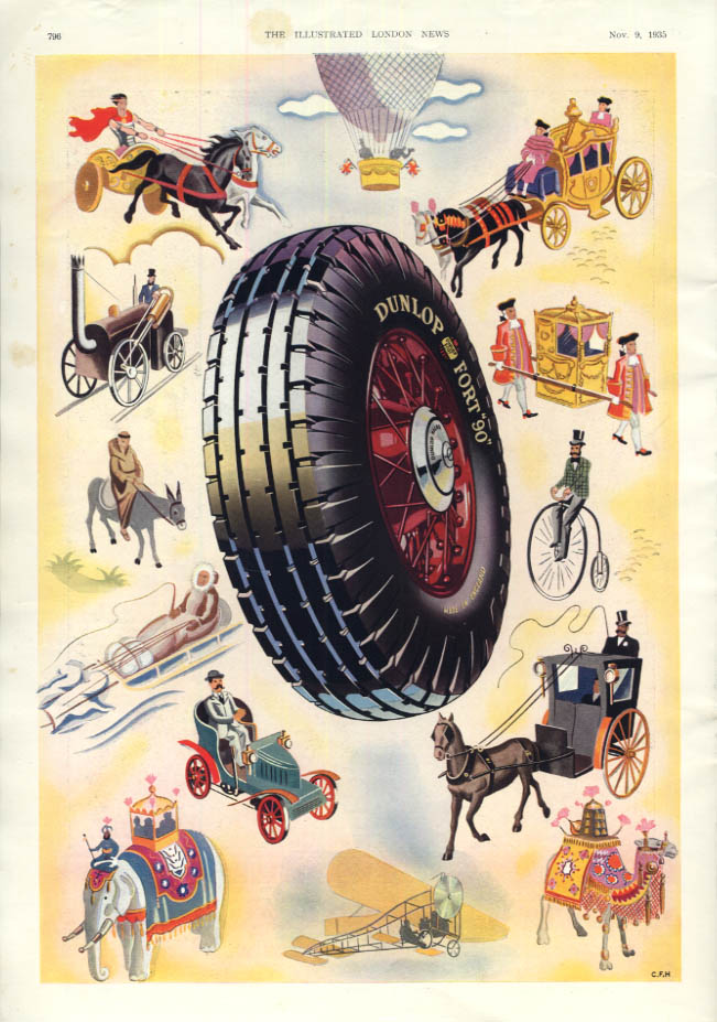 Sportschool dubbel Garantie Dunlop Fort "90" tires ad 1935 transportation survey from chariot to steam  car