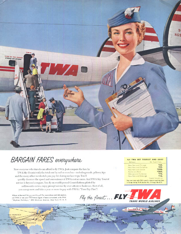 Bargain Fares Everywhere Twa Constellation Stewardess Ad 1954