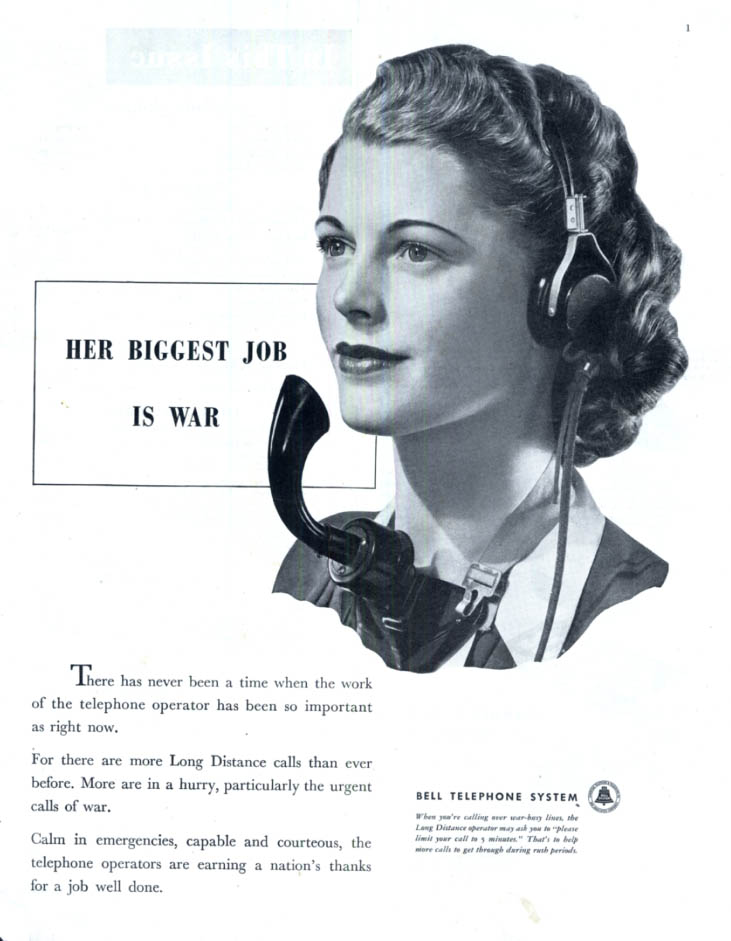 Her Biggest Job Is War Bell Telephone System Operator Ad 1944 Sep