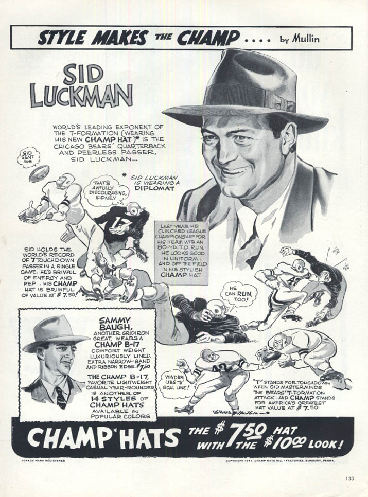 Chicago Bears QB Sid Luckman for Champ Hats ad 1947 Willard Mullin art L