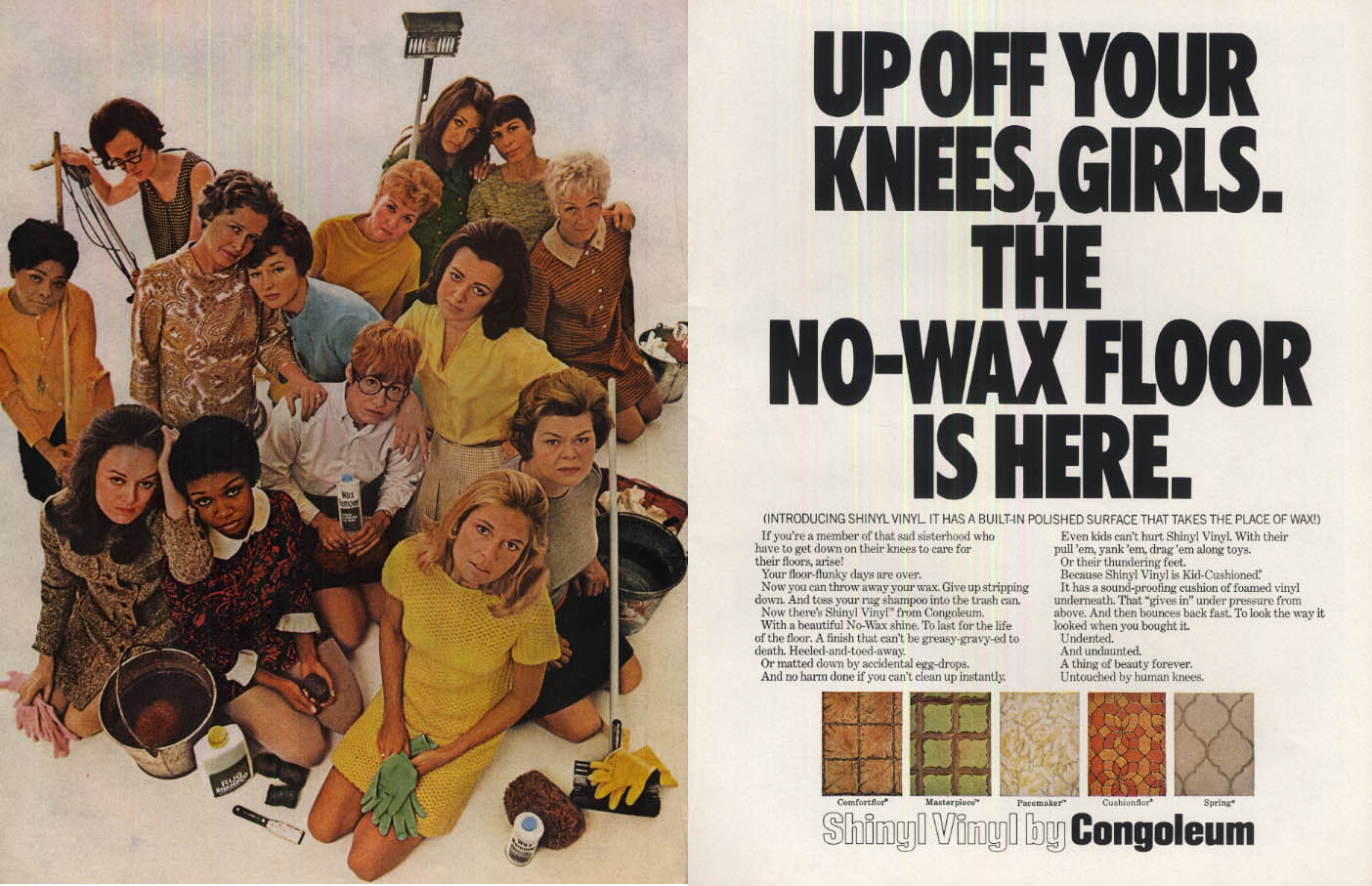 Up Off Your Knees, Girls! No-Wax Shinyl Vinyl Congoleum ad 1969