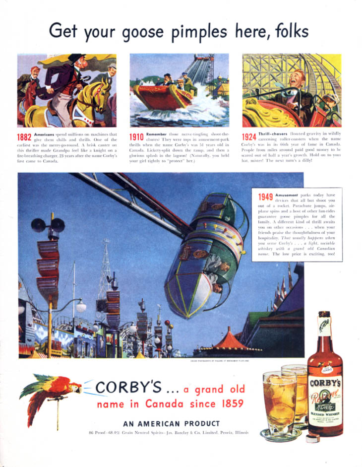 Get Your Goose Pimples Rockaway Playland Rocket Ride Corbys Whiskey Ad 1949 7353