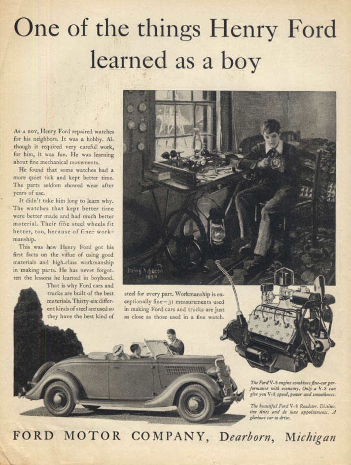 One Of The Things Henry Ford Learned As A Boy: Ford V 8 Roadster Ad 1935 AB