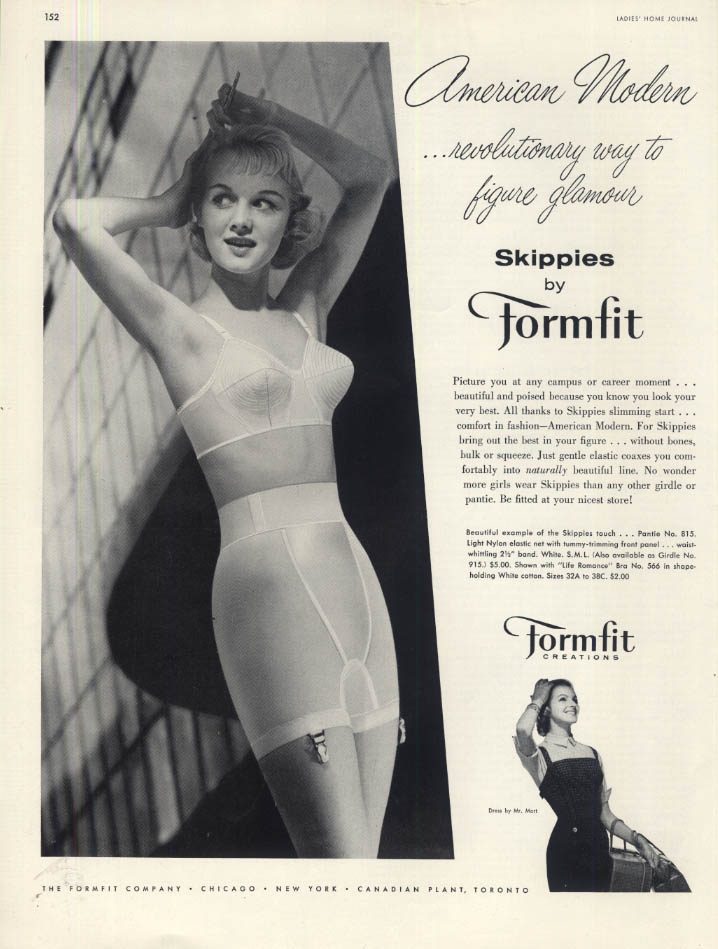 American Modern way to figure glamour: Formfit Skippies Bra & Girdle ad  1956 LHJ