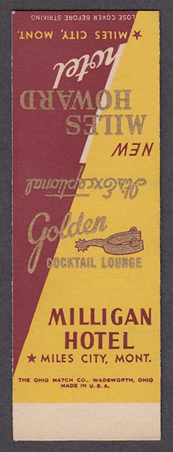 Milligan Miles Howard Hotel Miles City Mt Matchcover