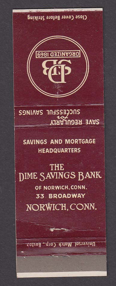 The Dime Savings Bank 33 Broadway Norwich Ct Brown Matchcover