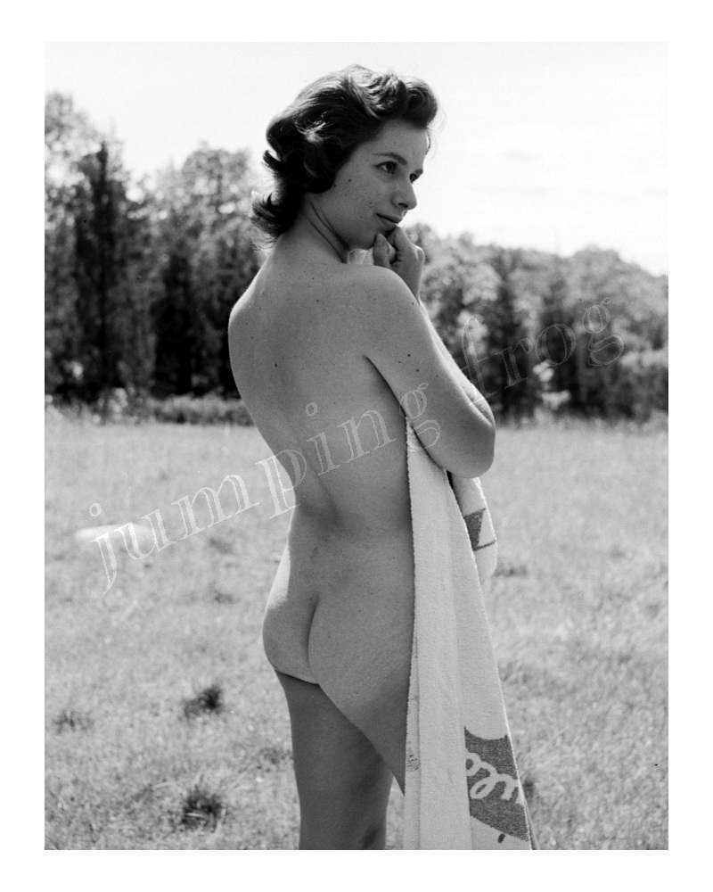 Paula in towel looks forward outdoor nude 8x10 1950s