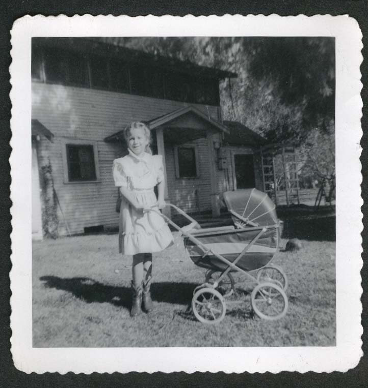 Barbara Leonard baby carriage X mas buggy snapshot 1950