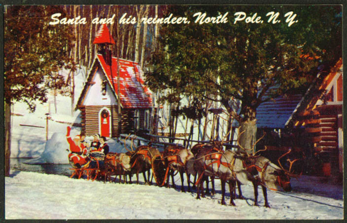 Santa Claus And Reindeer North Pole Ny Postcard 1950s