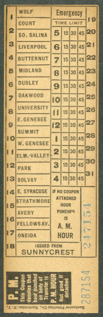 Syracuse Railway Co-ordinated Bus Line Transfer NY