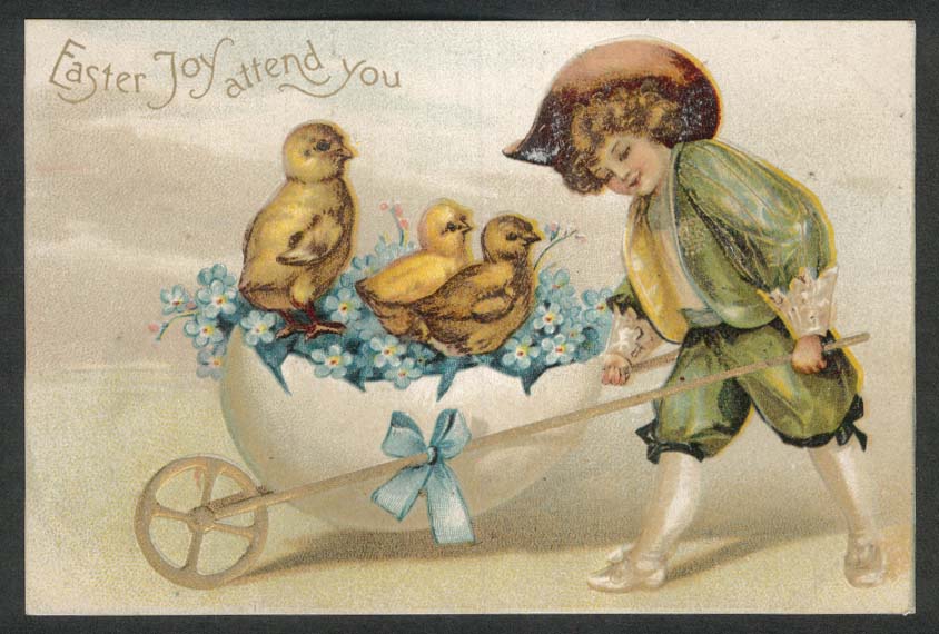 Easter Joy Attend You Chicks In Eggshell Wheelbarrow Embossed Postcard 1910s 