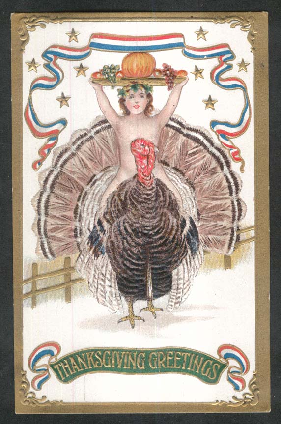 Thanksgiving Greetings Girl Riding Turkey With Pumpkin Embossed Postcard 1910s