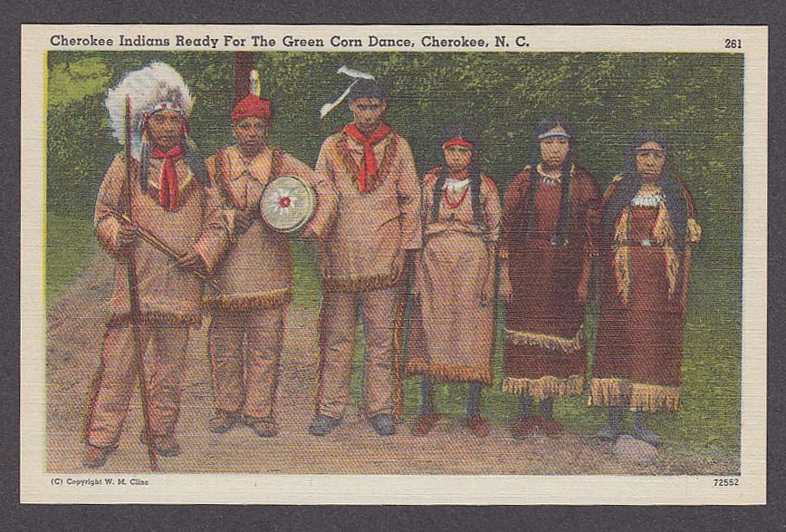 Cherokee tribesmen Green Corn Dance Cherokee NC postcard 1930s