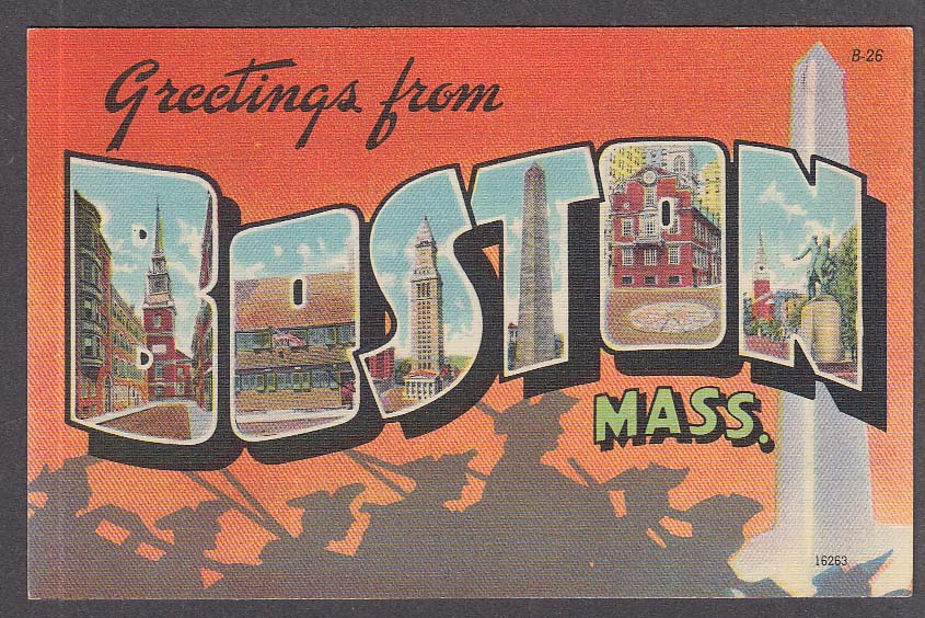 Greetings From BOSTON MA Large Letter Postcard 1940s B-26