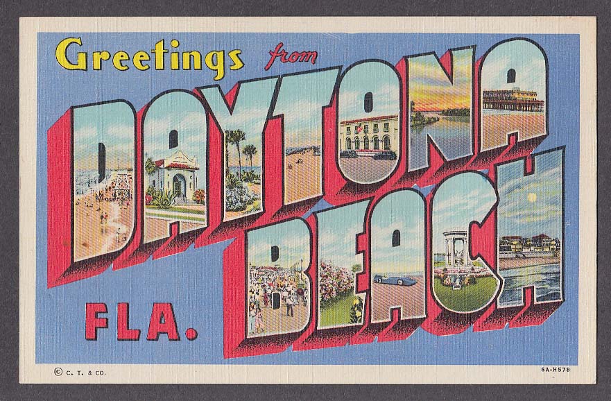 Greetings From DAYTONA BEACH FL Large Letter Postcard 1940s Curt Teich