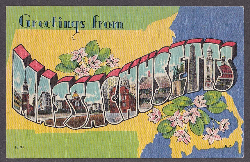 Greetings From MASSACHUSETTS Large Letter Postcard 1940s 6199