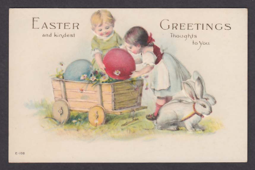 Easter Greetings Bunny Rabbits Pulling Egg Wagon Embossed Postcard S