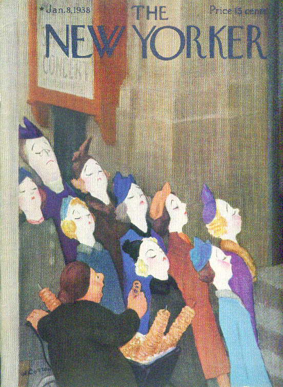 New Yorker cover W Cotton snooty concertgoers snub pretzel lady 1/8 1938