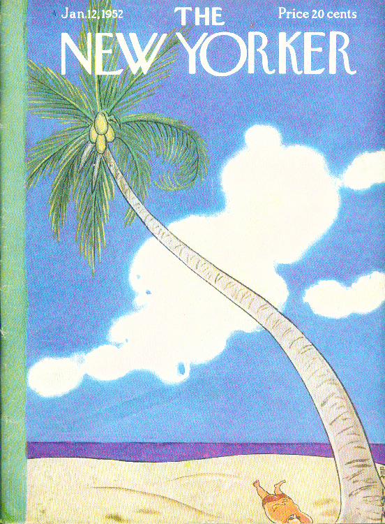 New Yorker cover Rea Irvin curving palm tree, sleeping sunbather 1/12 1952