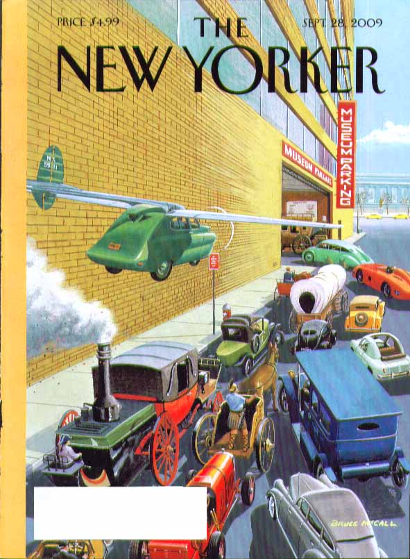 New Yorker cover Bruce McCall antique vehicles queue at museum garage 9 ...