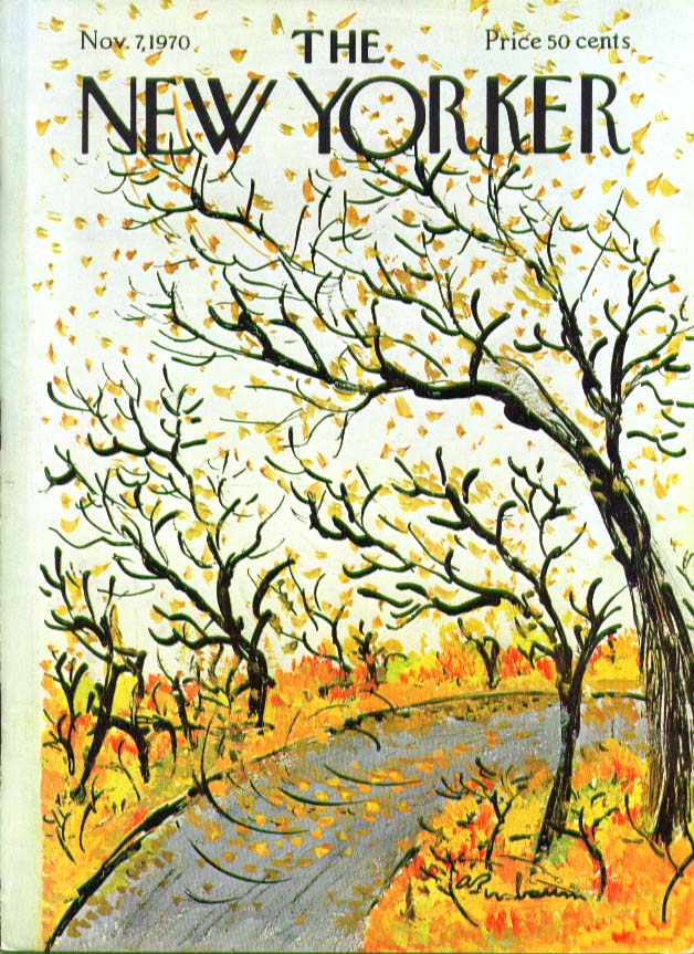 New Yorker cover Birnbaum blowing autumn leaves 11/7 1970