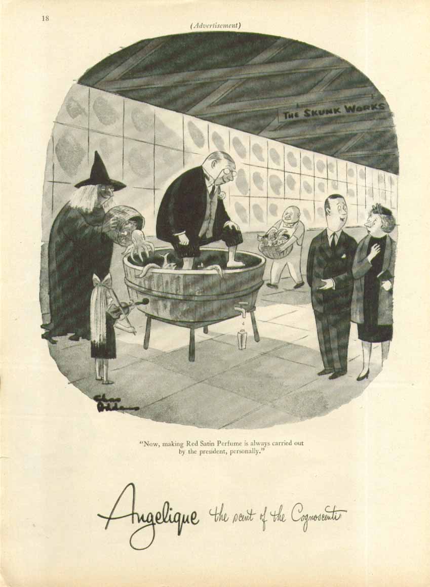 Making Red Satin Perfume Angelique ad 1956 Chas Addams art 1956