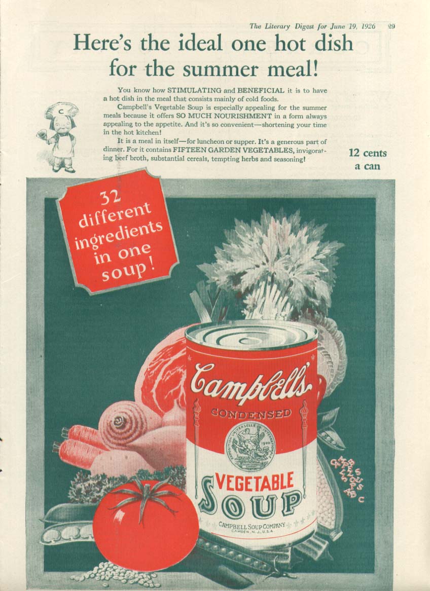 Ideal Hot Summer Dish Campbell's Vegetable Soup ad 1926